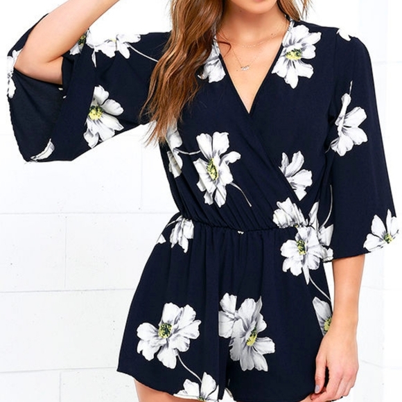 Lulus Pants - Lulu's Flow On Navy Blue Floral Print Romper